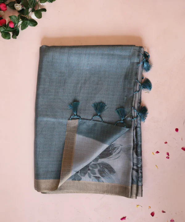 Super Net Saree with Floral Digital Print in Shades of Blue and Tassles Pallu