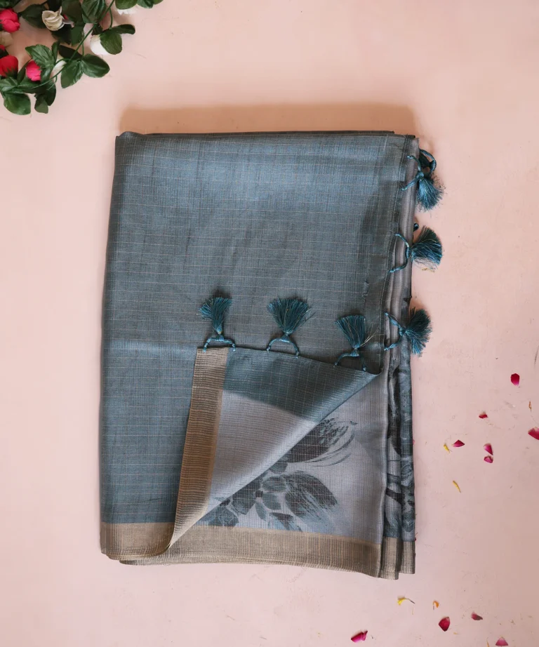 Super Net Saree with Floral Digital Print in Shades of Blue and Tassles Pallu Harika
