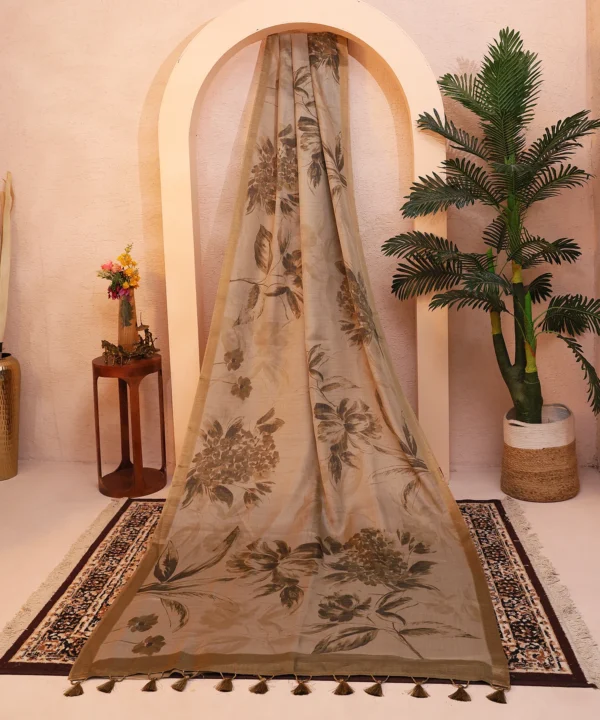 Saree with Floral Digital Print in Beige and Brown and Tassles Pallu - Image 5