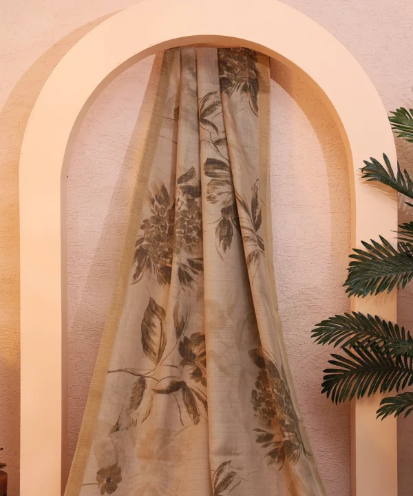 Saree with Floral Digital Print in Beige and Brown and Tassles Pallu - Image 4