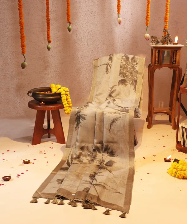 Saree with Floral Digital Print in Beige and Brown and Tassles Pallu - Image 3