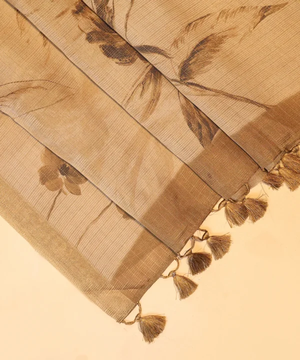 Saree with Floral Digital Print in Beige and Brown and Tassles Pallu - Image 2