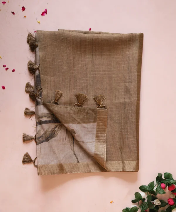 Saree with Floral Digital Print in Beige and Brown and Tassles Pallu