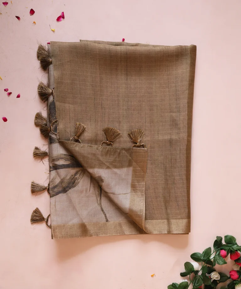 Super Net Saree with Floral Digital Print in beige and brown and Tassles Pallu