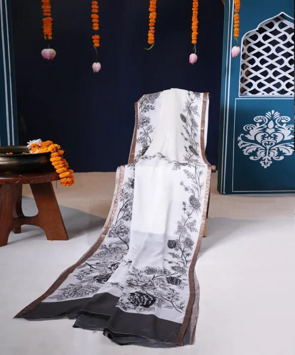 White & Black Floral Crape Silk Saree with Golden Zari Border - Image 5