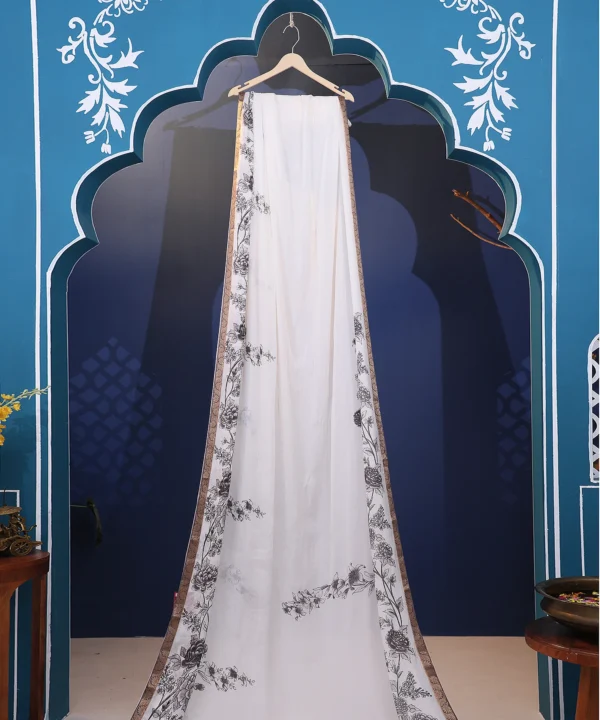 White & Black Floral Crape Silk Saree with Golden Zari Border - Image 3