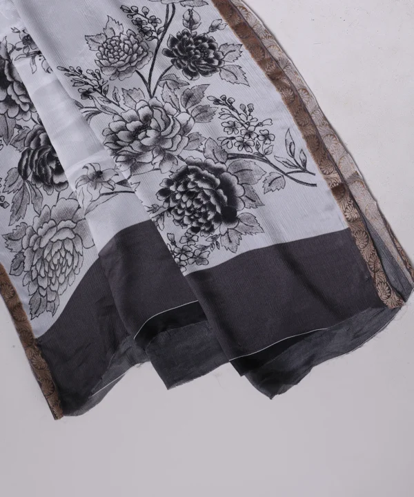 White & Black Floral Crape Silk Saree with Golden Zari Border - Image 2