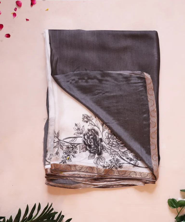 White & Black Floral Crape Silk Saree with Golden Zari Border Harika